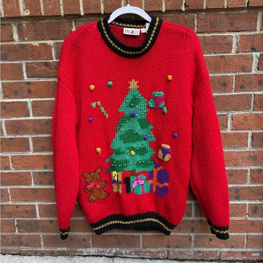 Vintage Eve LTD Hand Knit Red Christmas Tree Bear Presents Sweater Size 20W L XL